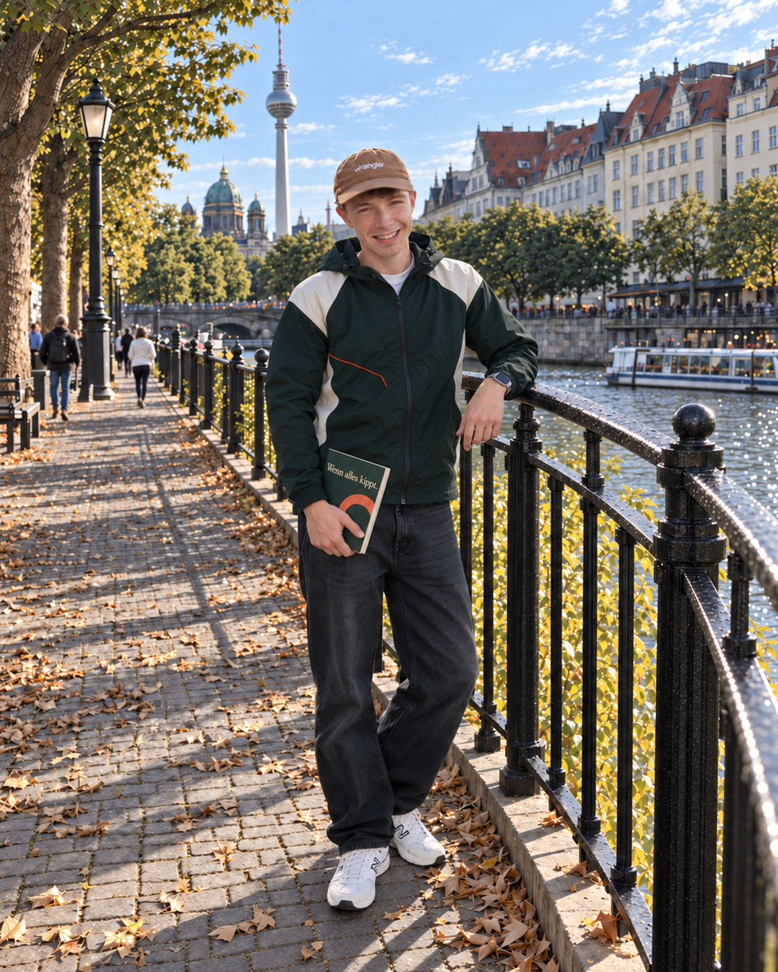 Jan steht mit dem Workbook Wenn alles kippt an der Berliner Spree