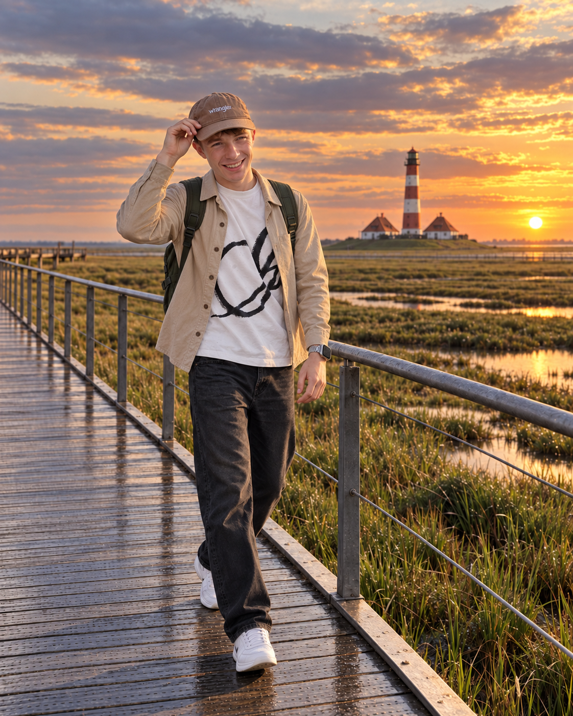Jan wandert mit Rucksack bei Sonnenuntergang am Leuchtturm Westerhever